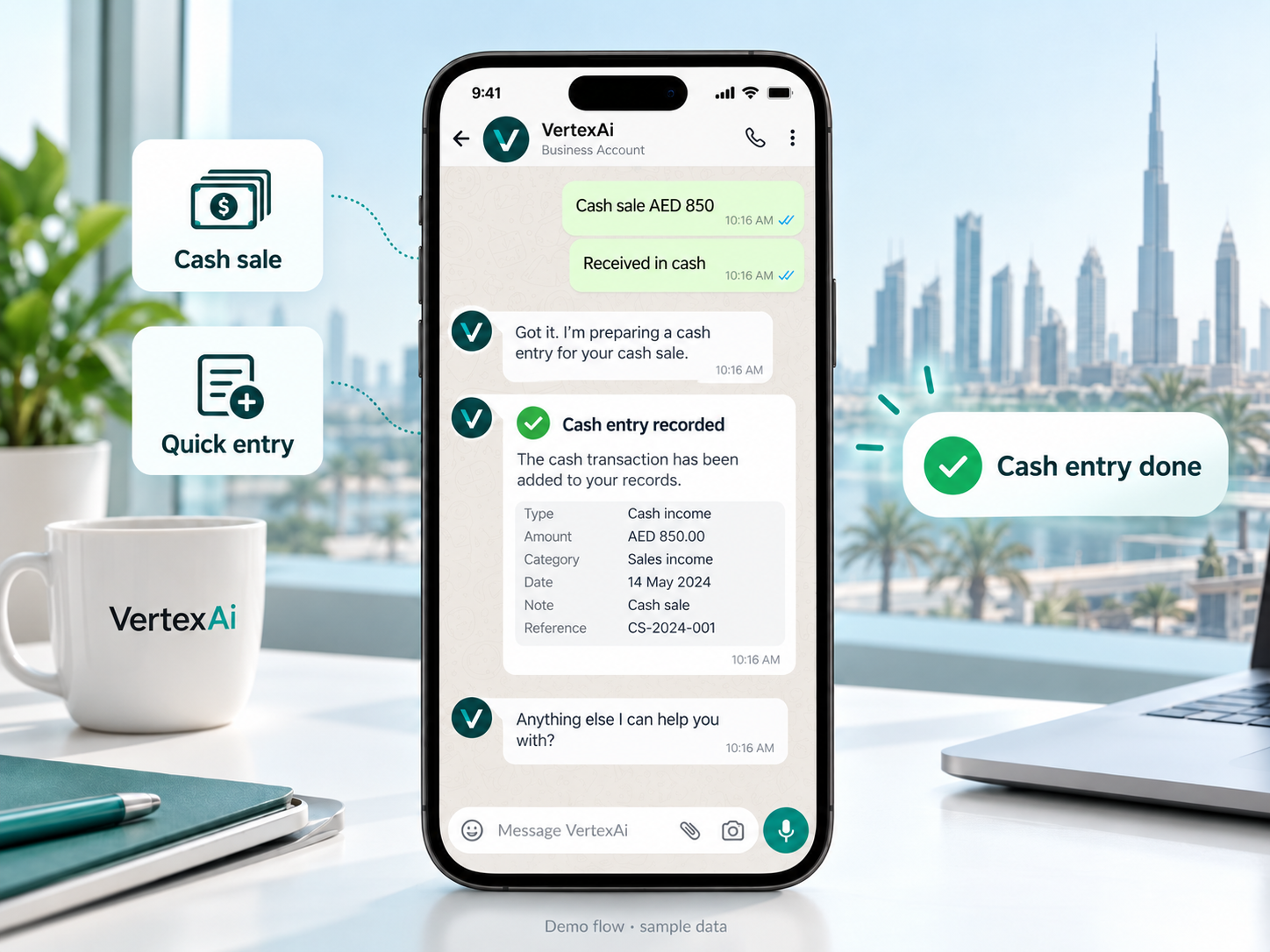 Illustrative demo using sample data. AI-generated illustration: VertexAi WhatsApp chat preparing and recording a cash sale entry, using sample data