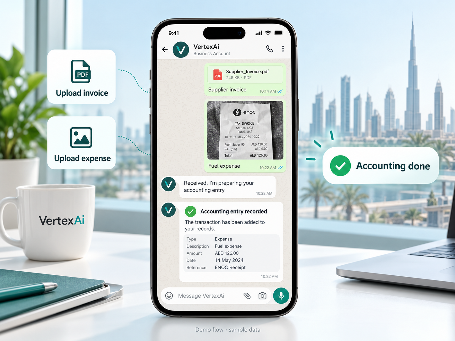 Illustrative demo using sample data. AI-generated illustration: VertexAi WhatsApp chat receiving a supplier invoice PDF and fuel receipt, using sample data