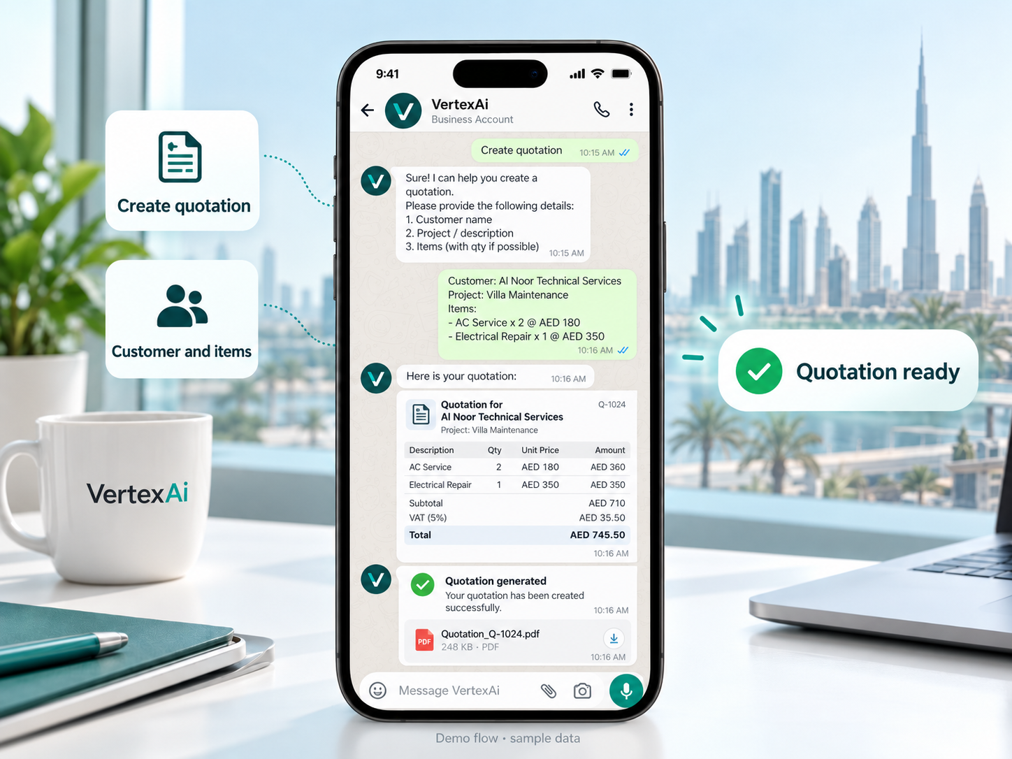 Illustrative demo using sample data. AI-generated illustration: VertexAi WhatsApp chat generating a customer quotation with VAT, using sample data