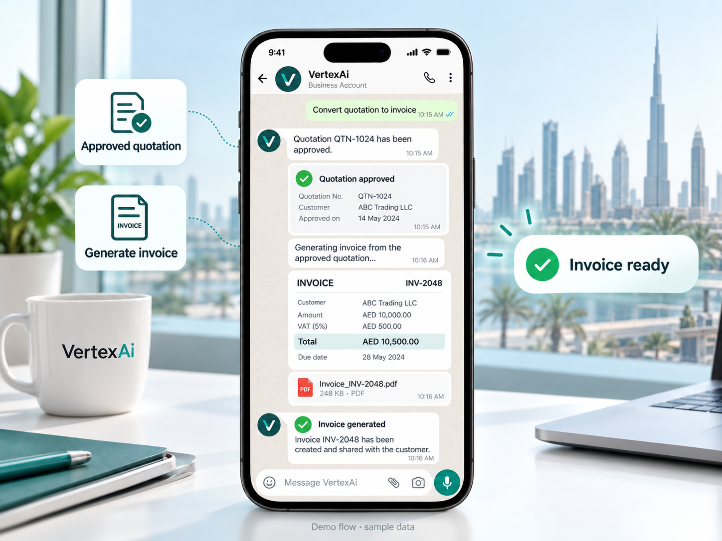 Illustrative demo using sample data. AI-generated illustration: VertexAi WhatsApp chat converting an approved quotation into a customer invoice, using sample data